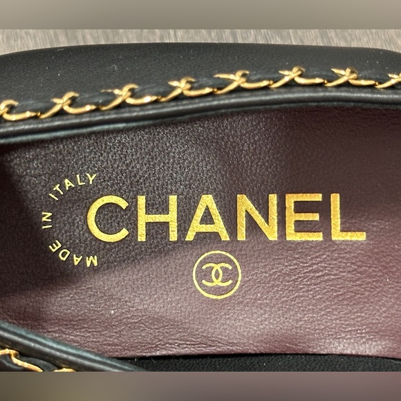 $1.5K 2024 CHANEL CC LOGO BOW BLACK LEATHER GOLD CHAIN BALLET FLATS SIZE 37.5 - Picture 10 of 16